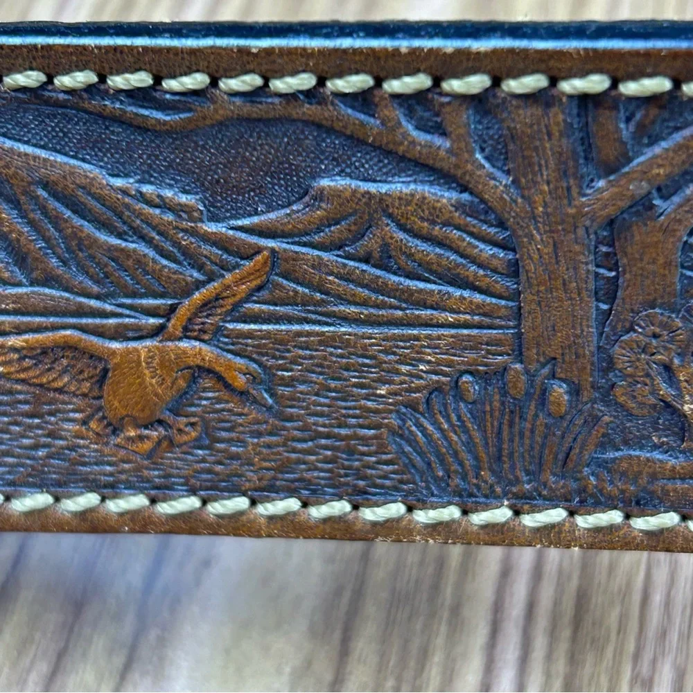 Vintage Deerslayer Hand Tooled Leather Belt Woodland Scene Made in USA - Size 56